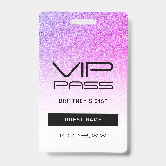 Crachá Convite de Festa VIP com Brilho Ombre Rosa Roxo (Frente)