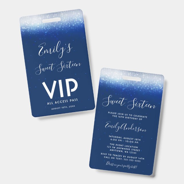 Crachá Convite Glam Azul Marinho Sweet 16  Passagem VIP (Frente e verso)