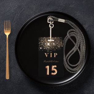 Crachá Convite VIP com brilho dourado preto para Quincean