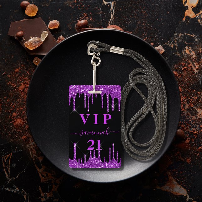 Crachá Convite vip com gotas de glitter preto roxo para a (Criador carregado)