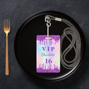 Crachá Convite VIP de aniversário com brilho roxo arco-ír