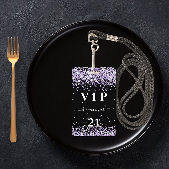 Crachá Convite vip de aniversário violeta lavanda preto (Criador carregado)