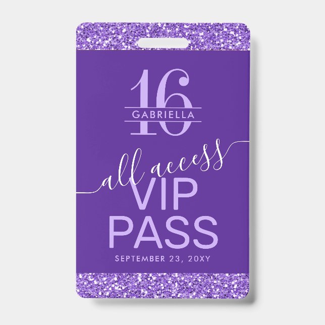 Crachá Convite VIP de Sweet 16 Roxo (Frente)