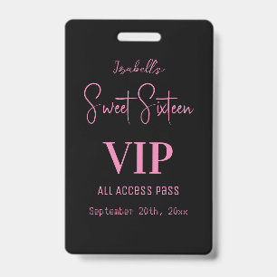 Crachá Convite VIP de Sweet Sixteen em Script Rosa Elegan