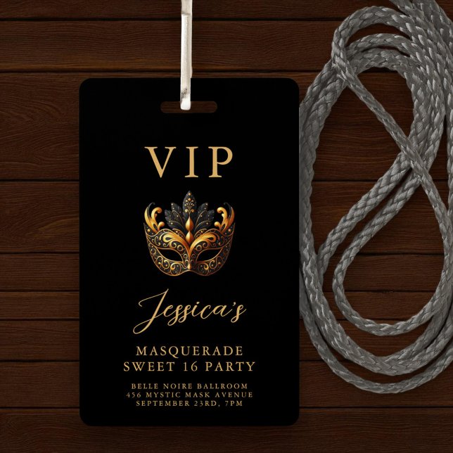 Crachá Convite VIP Máscara Sweet 16 Preto Dourado (Criador carregado)
