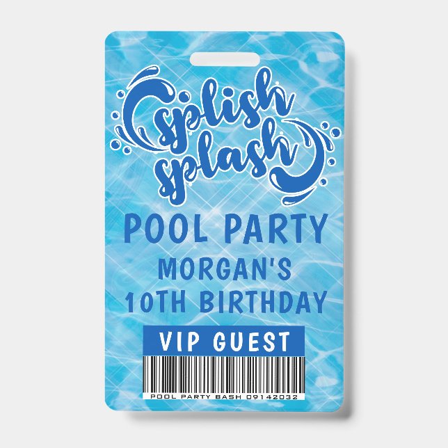 Crachá Convite VIP para Festa na Piscina Splish Splash (Frente)