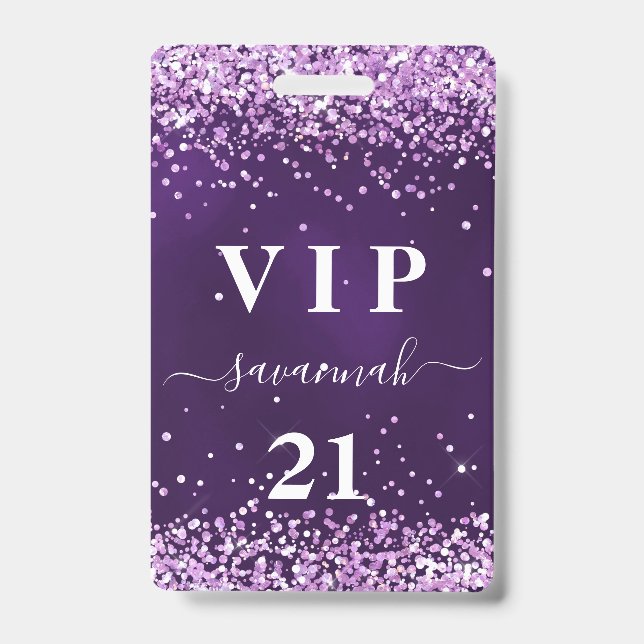 Crachá Convite vip rosa roxo de aniversário (Frente)