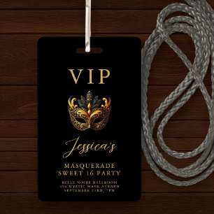 Crachá Convite VIP Sweet 16 Máscaras Preto Dourado