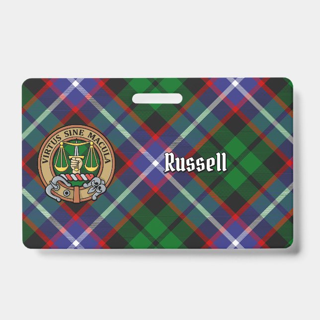Crachá Crest do Clã Russell sobre Tartan (Frente)