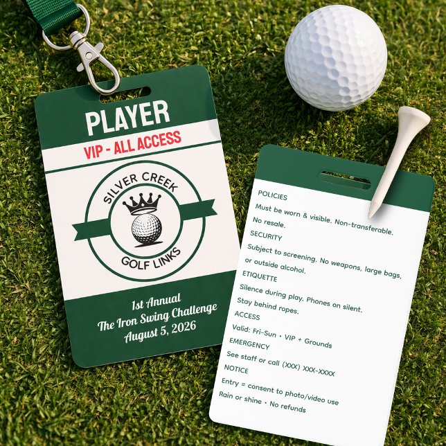 Crachá Crie Personalizado Seu Próprio Torneio de Golfe (Classic golf badge design featuring crossed clubs, green fairway accents, and tournament-ready style)