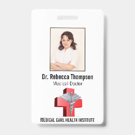 Crachá Cruz Caduceu 3D Prata Vermelho ID Médico Foto