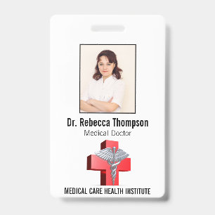 Crachá Cruz Caduceu 3D Prata Vermelho ID Médico Foto