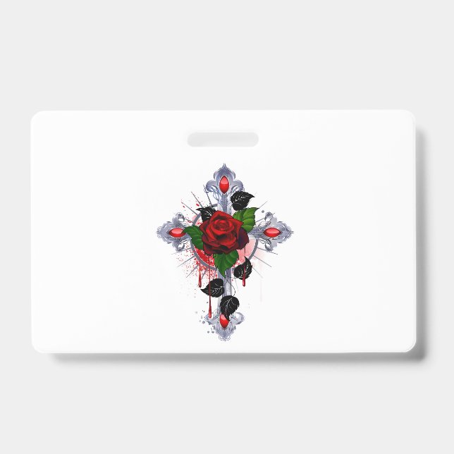 Crachá Cruz de Prata com uma Rosa Vermelha (Frente)