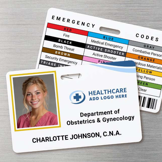 Crachá  Custom Colors Codes Hospital Photo ID Badge (Double-sided photo ID badge with custom emergency codes and barcode image)