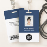 Crachá Custom Employee Photo, Bar Code, Logo, Name<br><div class="desc">Easily personalize this Custom Employee Name Badge with Photo, Scan Bar Code and business logo. A simple business design in navy blue and white colors fully customizable in front and back sizes, sans-serif basic and modern fonts and a professional and clear look. Avaiable with lanyard, metal clip or with retractable....</div>