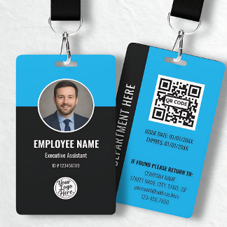 Crachá Custom Modern Blue Black Photo Employee ID Badge