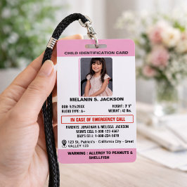 Crachá Custom Photo ID Badge for Kids with Emergency Cont