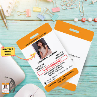 Crachá Custom Photo ID Badge for Kids with Emergency Cont