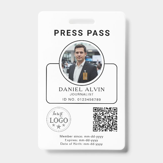 Crachá Custom Press Pass with Your Photo ID and QR Code (Frente)