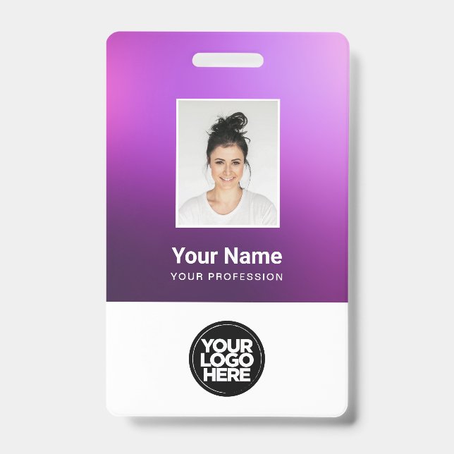 Crachá Custom Purple Employee Photo, Bar Code, Logo, Name (Frente)
