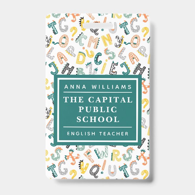 Crachá Cute Dino Alphabet Elementor School Name (Frente)