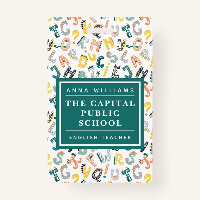 Crachá Cute Dino Alphabet Elementor School Name (Frente)