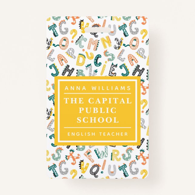 Crachá Cute Dino Alphabet Elementor School Name (Frente)