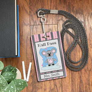 Crachá Cute Koala Bear Pink and Gray Hall Pass Badge