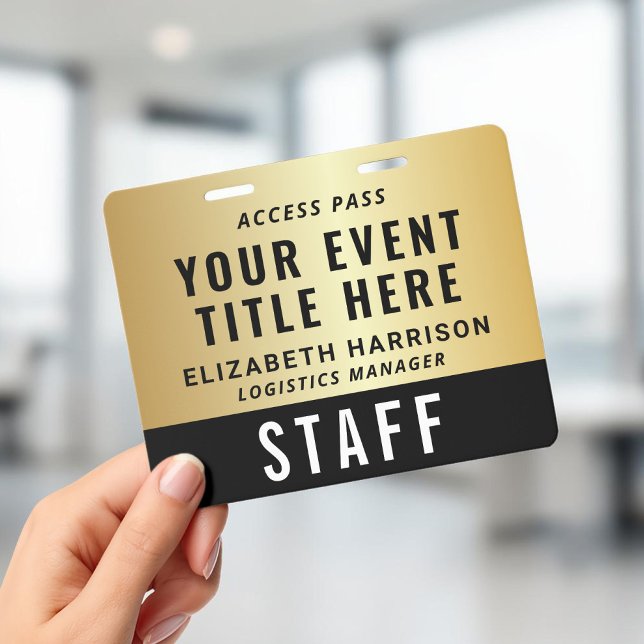Crachá de Acesso a Evento VIP Equipe Dourado Preto (Event Access Pass VIP Staff Crew Black Gold ID Badge)