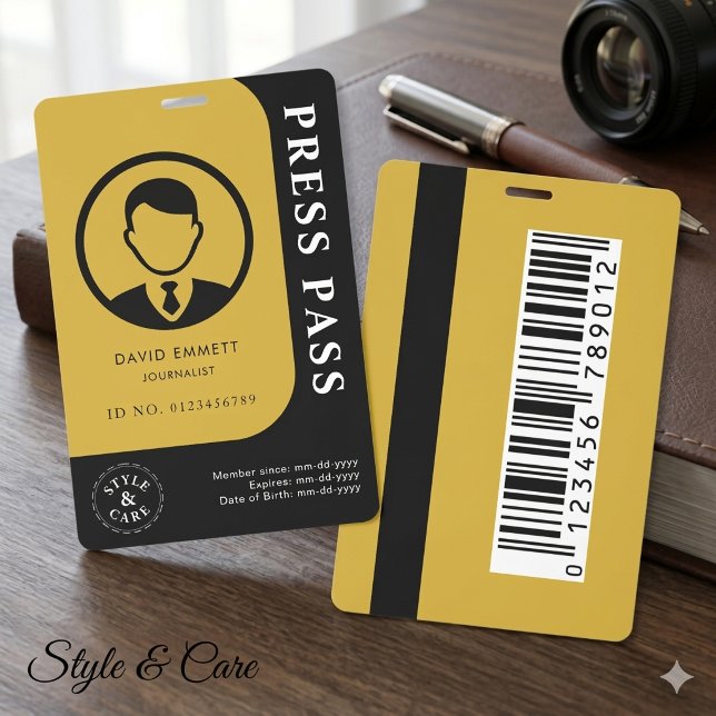 Crachá de Acesso de Mídia Preto Dourado Profission (Professional Black Gold Media Pass Photo Barcode Badge)