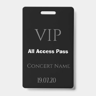 Crachá de Acesso Total VIP Preto Simples para Show