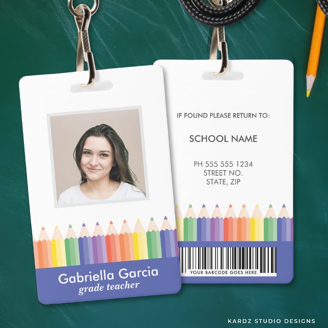 Crachá de Código de Barras Colorido Personalizado  (Front and back are shown. Customize and choose attachment: lanyard, retractable, or metal clip)