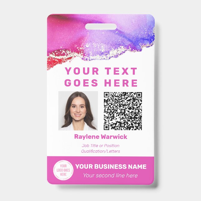 Crachá de código QR de foto de funcionário cor-de- (Frente)