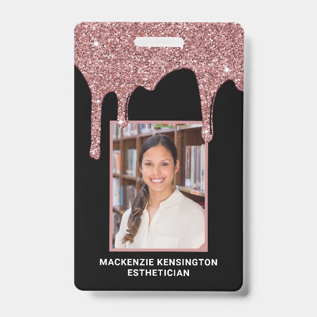 Crachá de Foto com Glitter Escorrendo em Rose Gold (Frente)