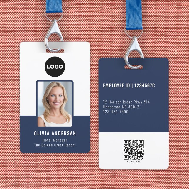 Crachá de Foto do Funcionário Azul Marinho com Cód (Navy Employee Photo ID Qr Code Company Security Badge)