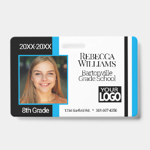Crachá de Foto Escolar - Azul Bebê, Preto Branco