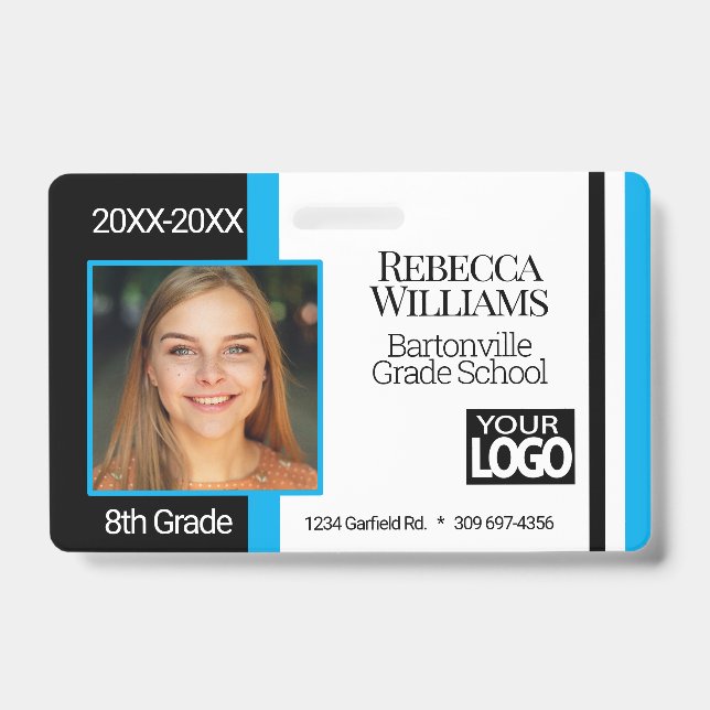 Crachá de Foto Escolar - Azul Bebê, Preto Branco (Frente)