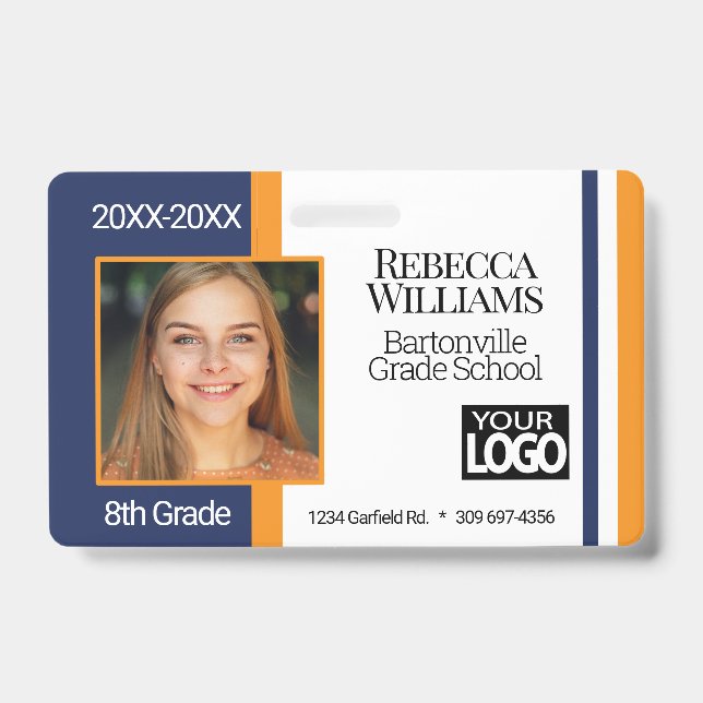 Crachá de Foto Escolar - Azul e Laranja (Frente)
