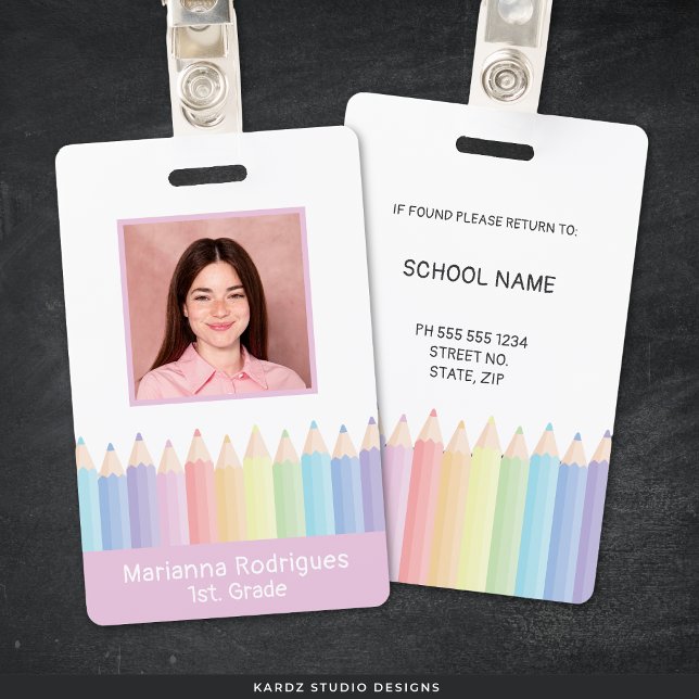 Crachá de Foto Personalizado do Professor com Arco (Front and back of ID shown. Personalize with your photo and information. Choose attachment type.)