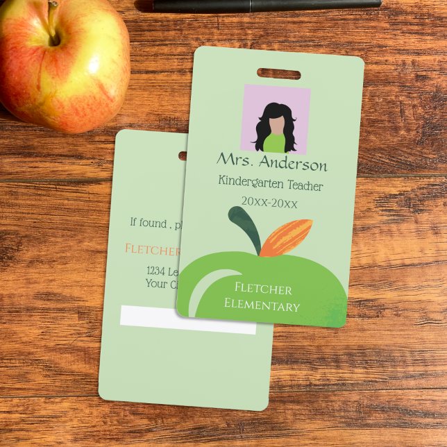 Crachá de Fotografia da Apple Verde do Professor (Bold apple green vertical teacher photo ID badge .)
