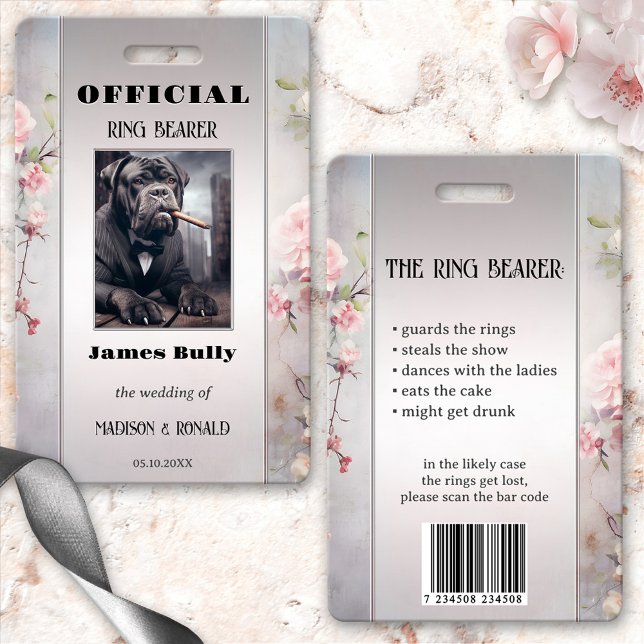 Crachá de Fotografia do Funny Floral Weding Ring B (Funny wedding ring bearer photo ID badge with your custom photo on a floral pink grey design)