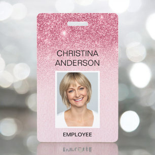 Crachá de Funcionário Brilho Rosa Glam - Nome Foto