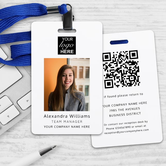 Crachá de funcionário Código QR de Segurança da Em (Modern custom business employer photo ID security badge with qr code and name job title lanyard)