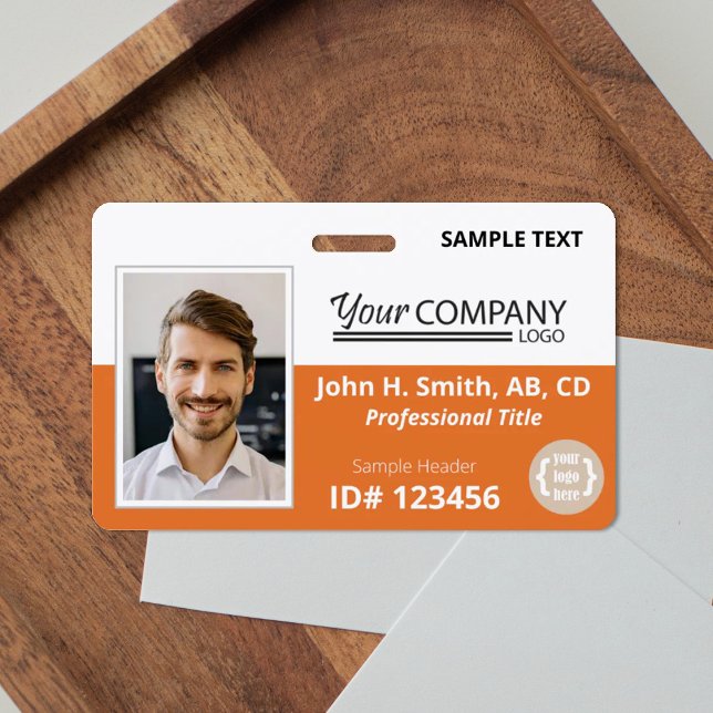 Crachá de Funcionário de Entrada da Logo Laranja (orange company badge with logo and photo)