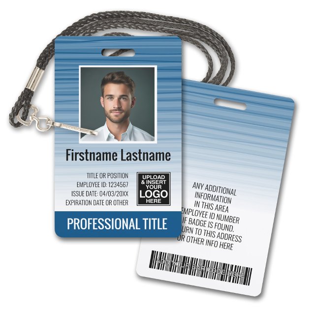 Crachá de funcionário - listras modernas, logotipo (Plastic ID Badge - Customize with Employee Photo and Credentials. Blue Gradient Pattern Accents)