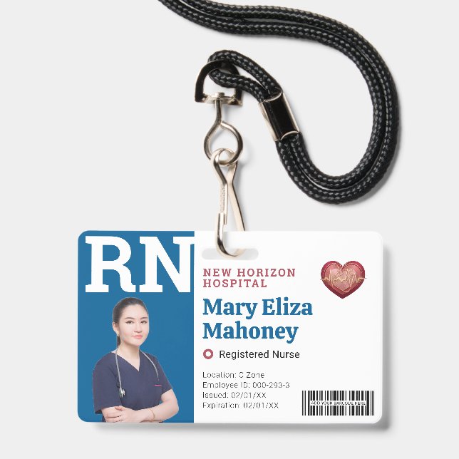 Crachá de ID com Foto de Funcionário Médico Blue R (Frente com cordão)