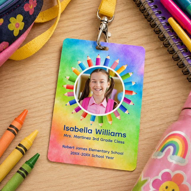 Crachá de ID de Aluno com Foto de Lápis Arco-íris (Student Badge)