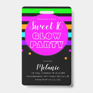 Crachá de ID de Aniversário da Festa Neon Sweet 16