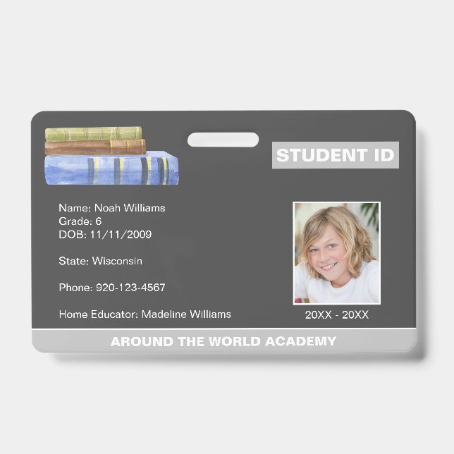 Crachá de ID de Estudante Homeschool Livros (Frente)