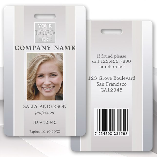 Crachá de ID de Foto do Funcionário Elegante Silve (Elegant silver beige photo ID badge with space for your custom photo and logo, bar code or QR code)